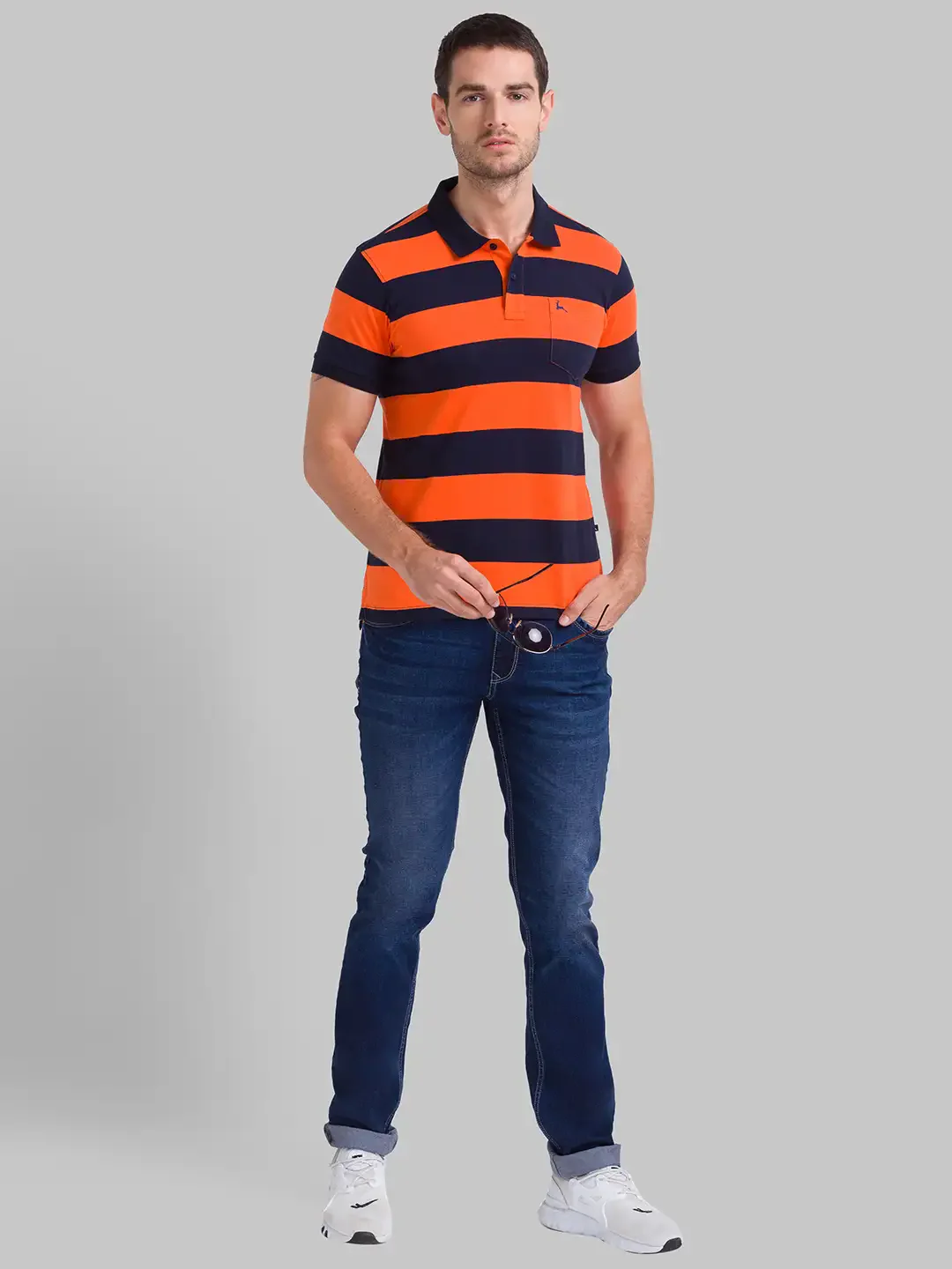 Men Orange Regular Fit Yarn Dyed Cotton Round Neck Collar Polo T-Shirt - Image 5