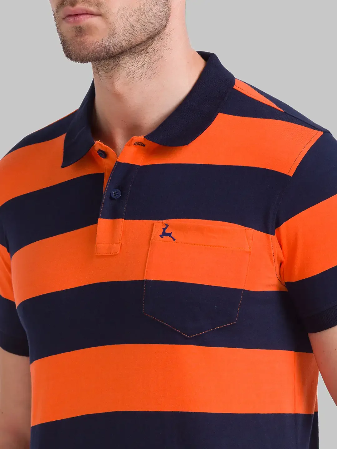 Men Orange Regular Fit Yarn Dyed Cotton Round Neck Collar Polo T-Shirt - Image 6