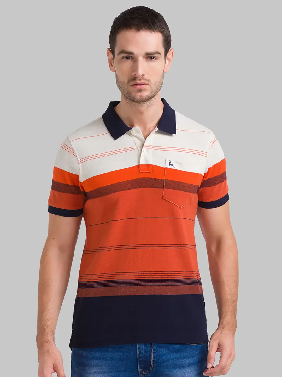 Men Orange Regular Fit Yarn Dyed Cotton Round Neck Collar Polo T-Shirt