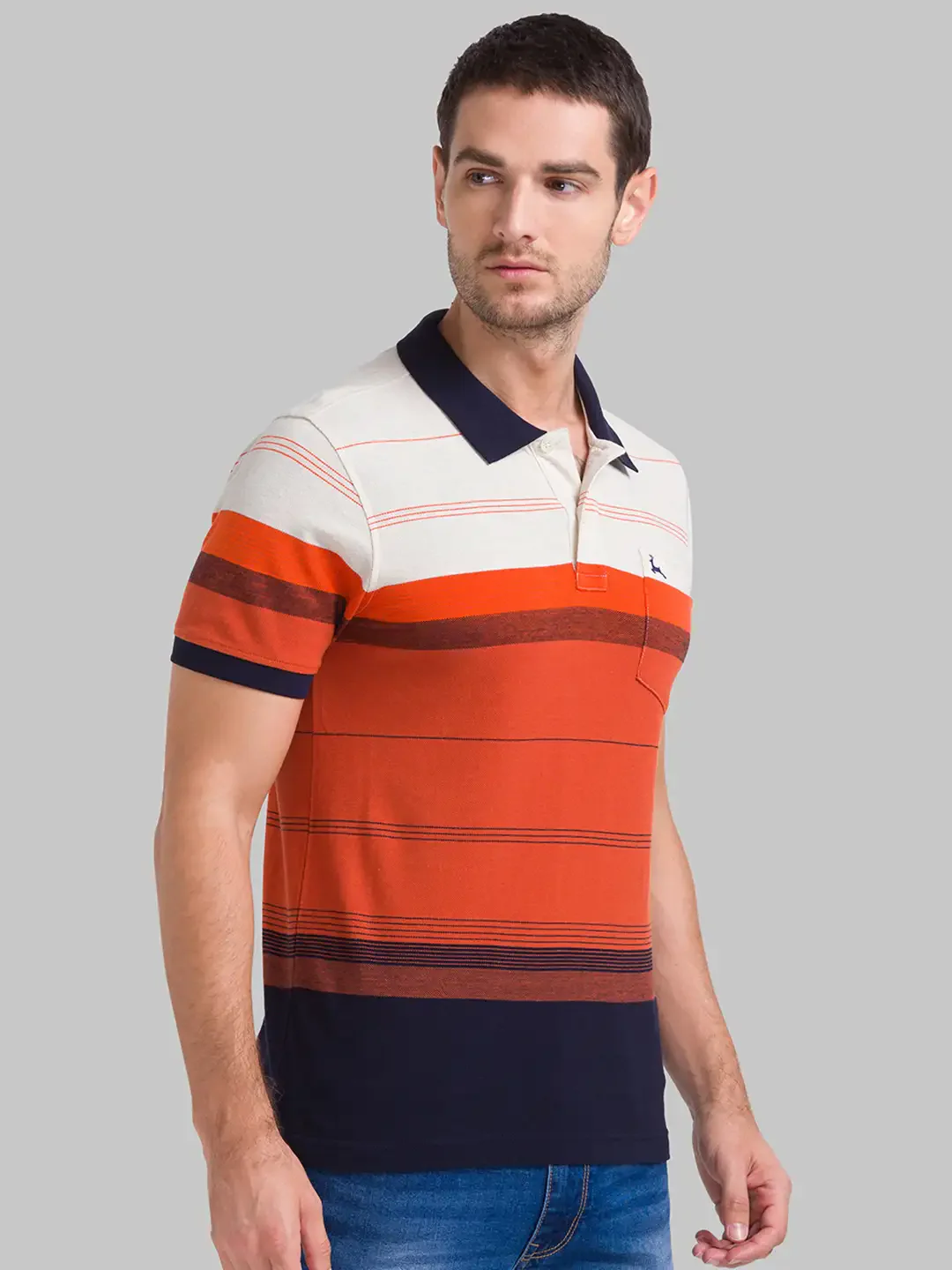Men Orange Regular Fit Yarn Dyed Cotton Round Neck Collar Polo T-Shirt - Image 2