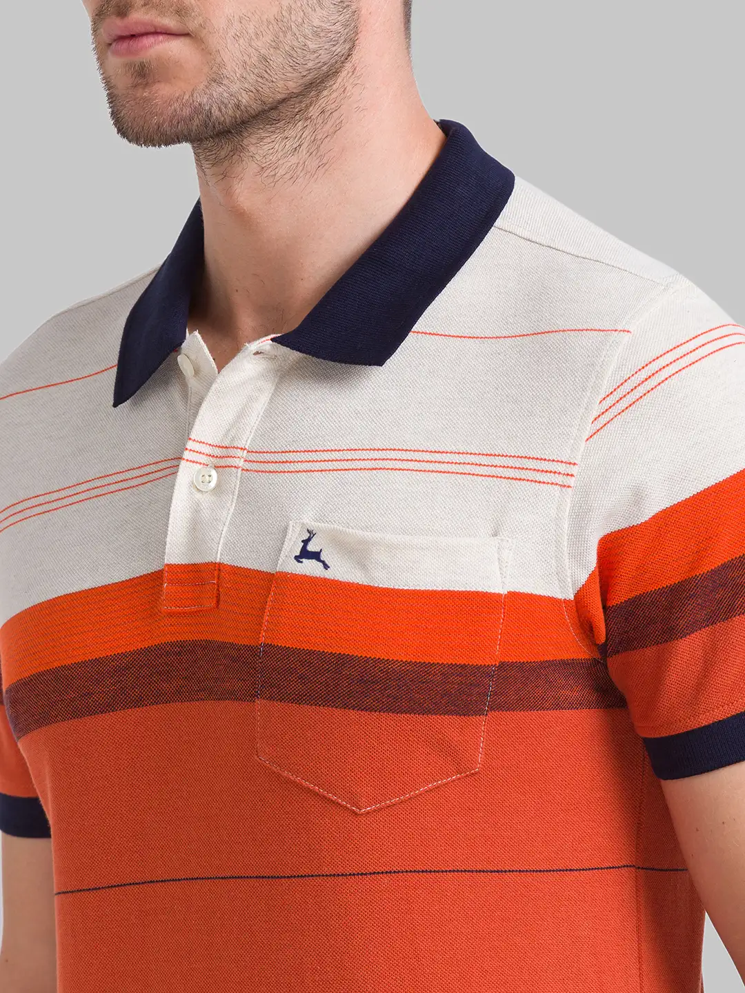 Men Orange Regular Fit Yarn Dyed Cotton Round Neck Collar Polo T-Shirt - Image 6