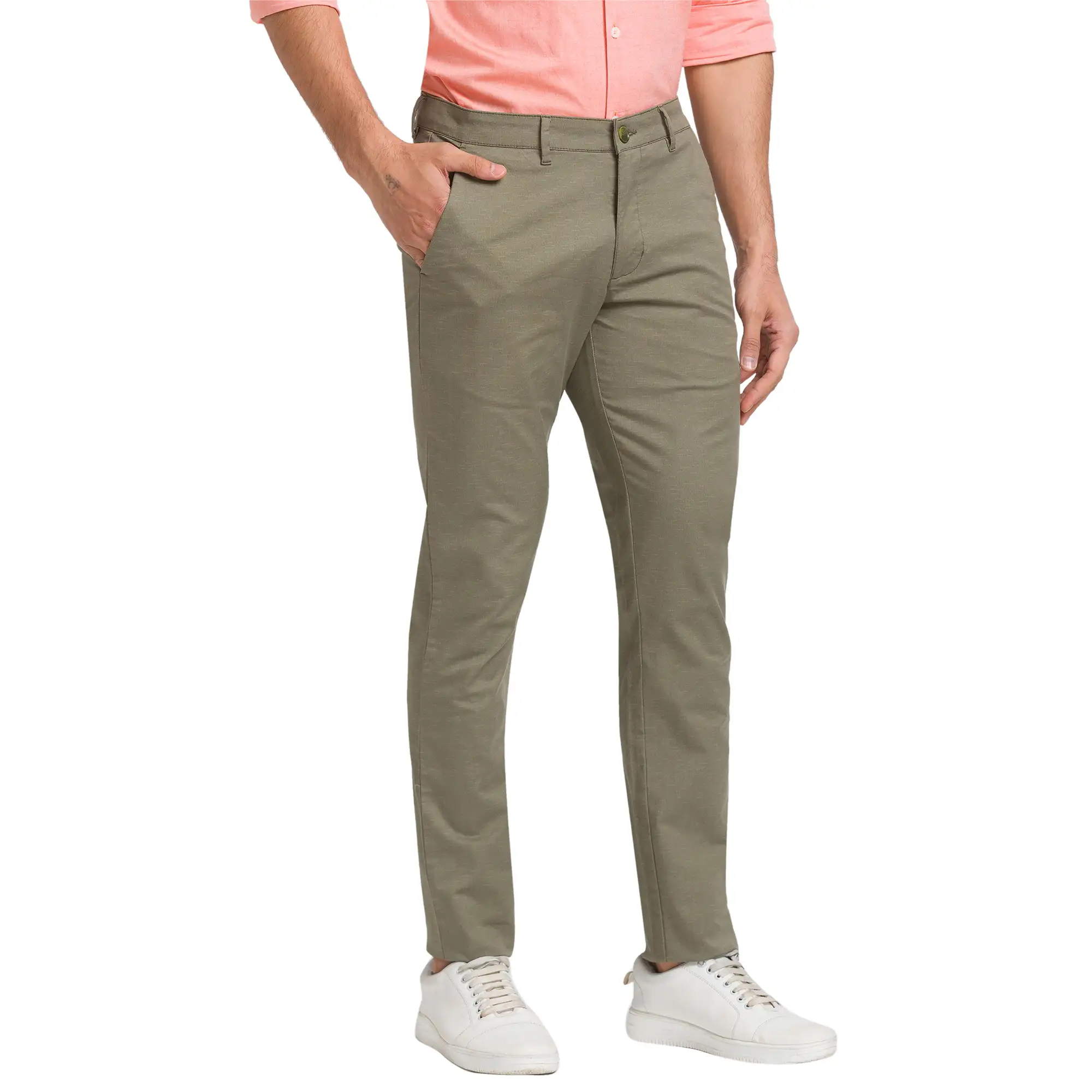 Men Orange Slim Fit Chambray Cotton Cut Away Collar Shirts - Image 3
