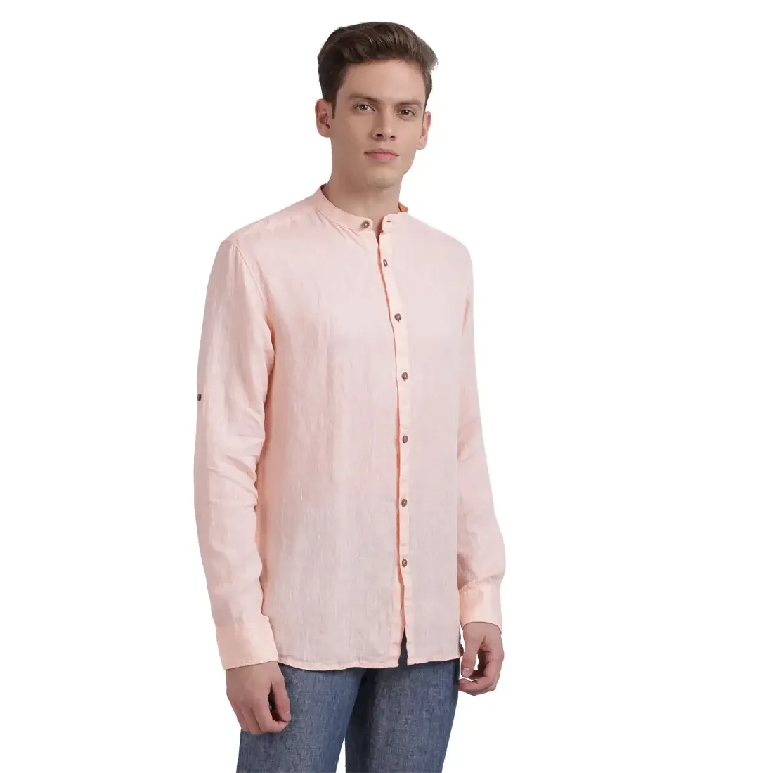 Men Orange Slim Fit Chambray Linen Full Sleeve Shirts - Image 2
