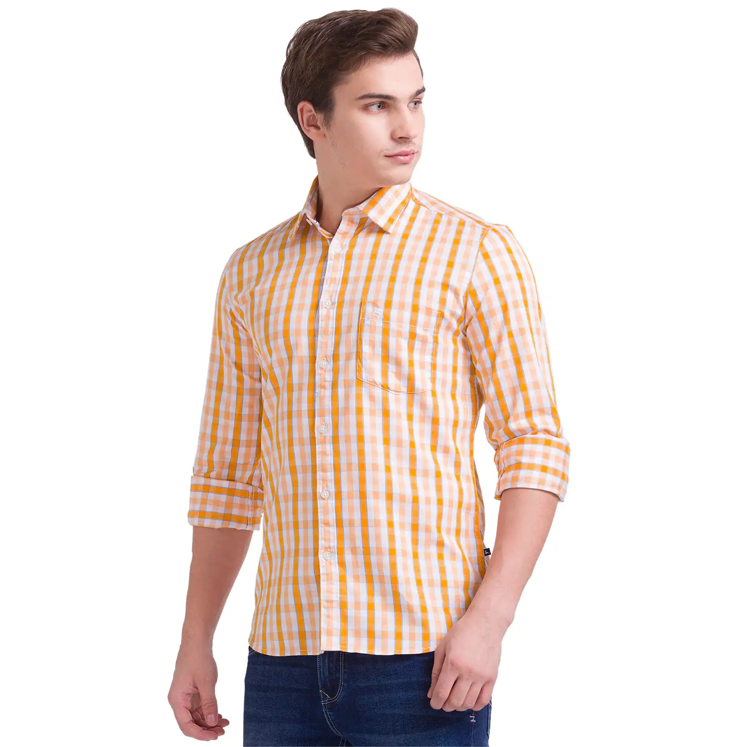 Men Orange Slim Fit Checks Cotton Full Sleeve Shirts - Image 3