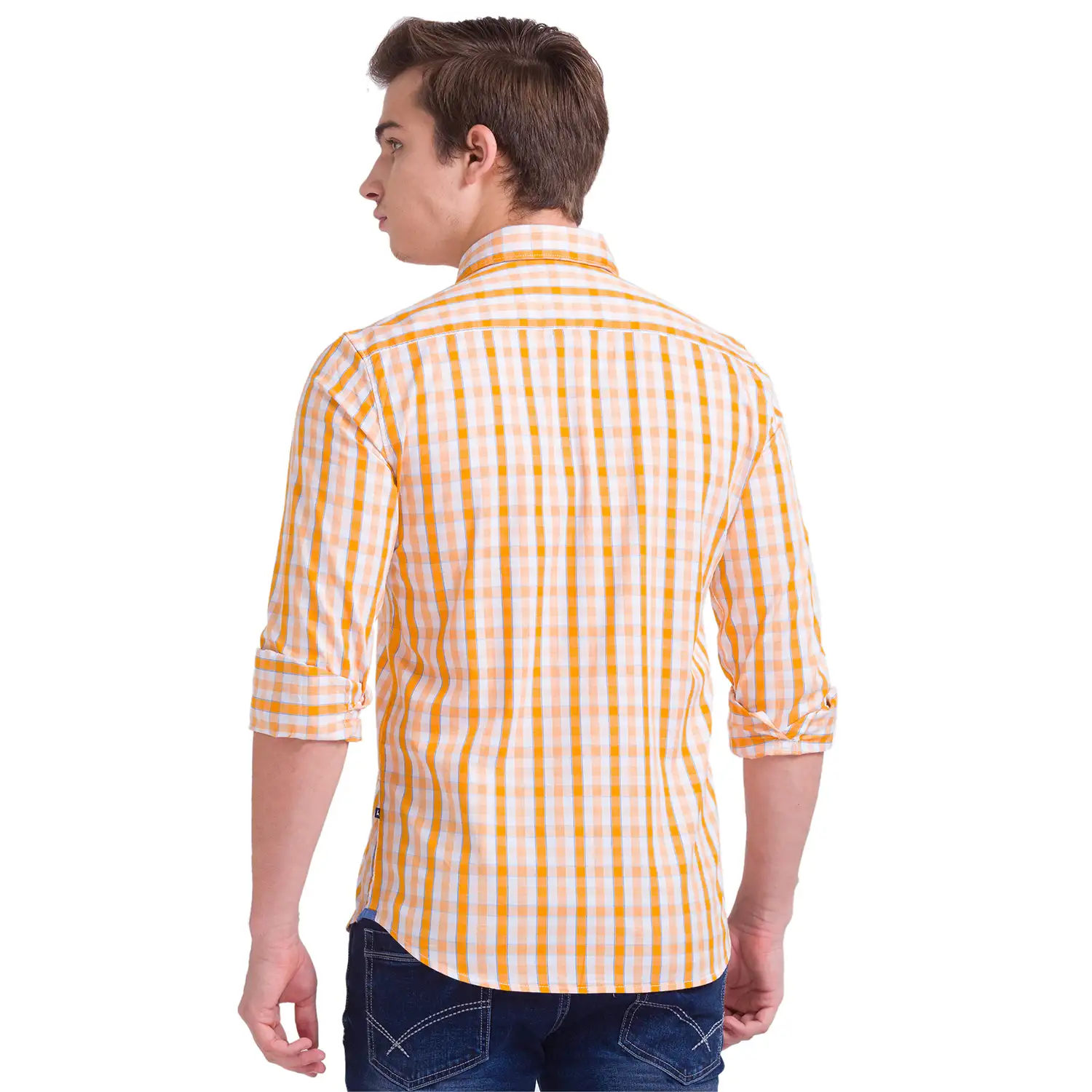 Men Orange Slim Fit Checks Cotton Full Sleeve Shirts - Image 4