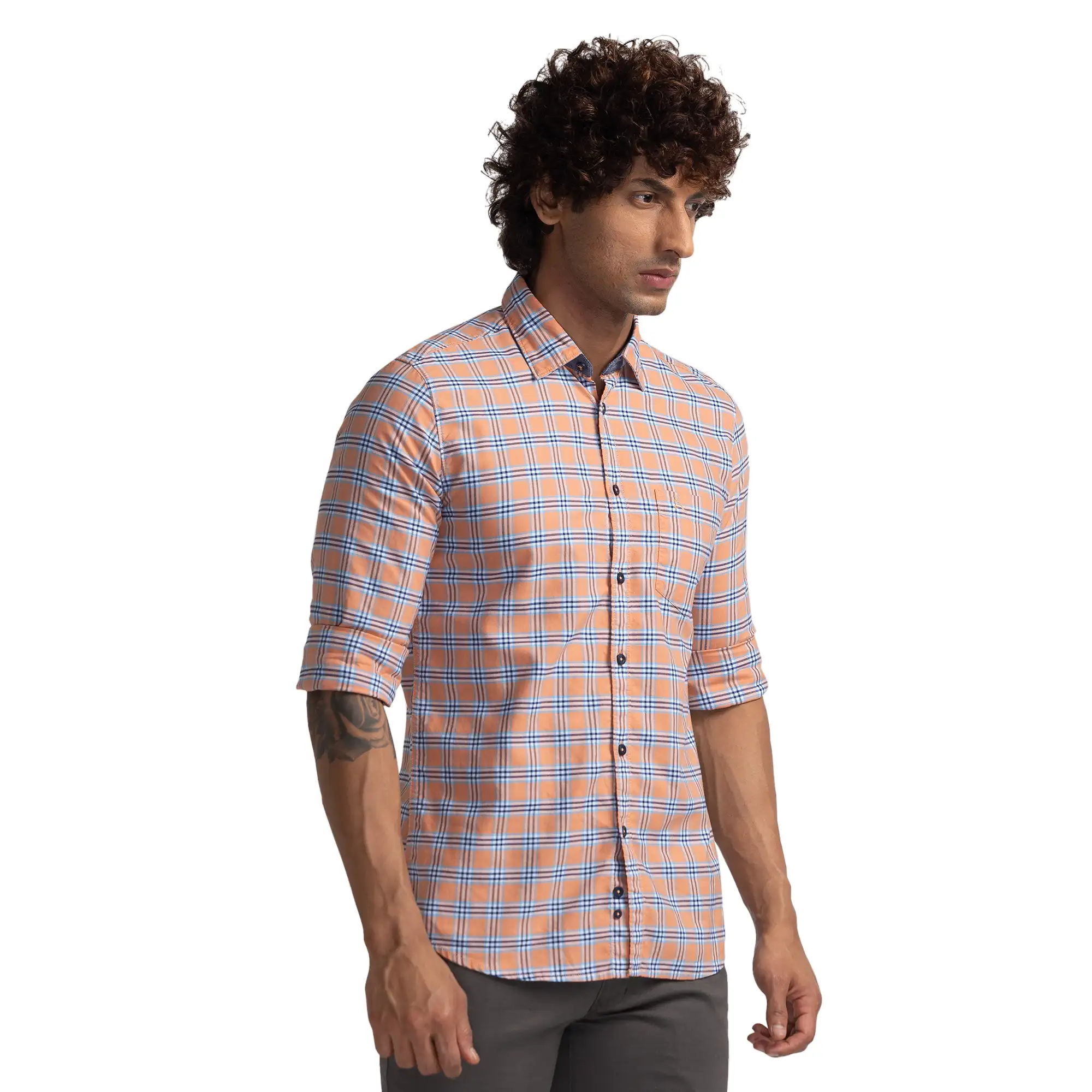 Men Orange Slim Fit Checks Cotton Full Sleeve Shirts - Image 2