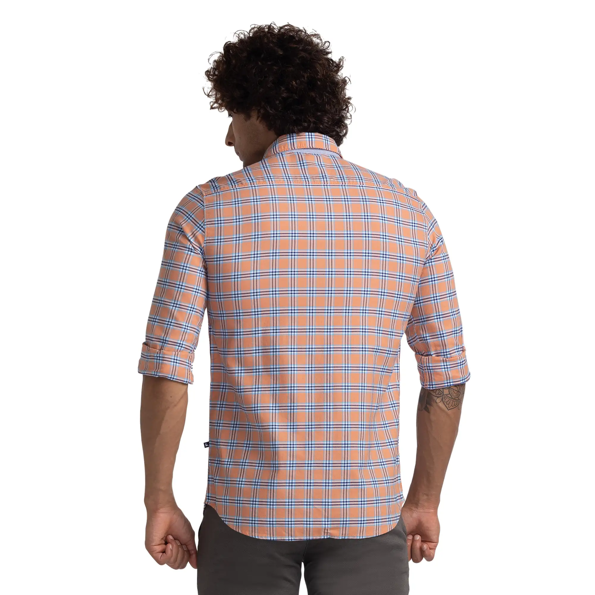 Men Orange Slim Fit Checks Cotton Full Sleeve Shirts - Image 4