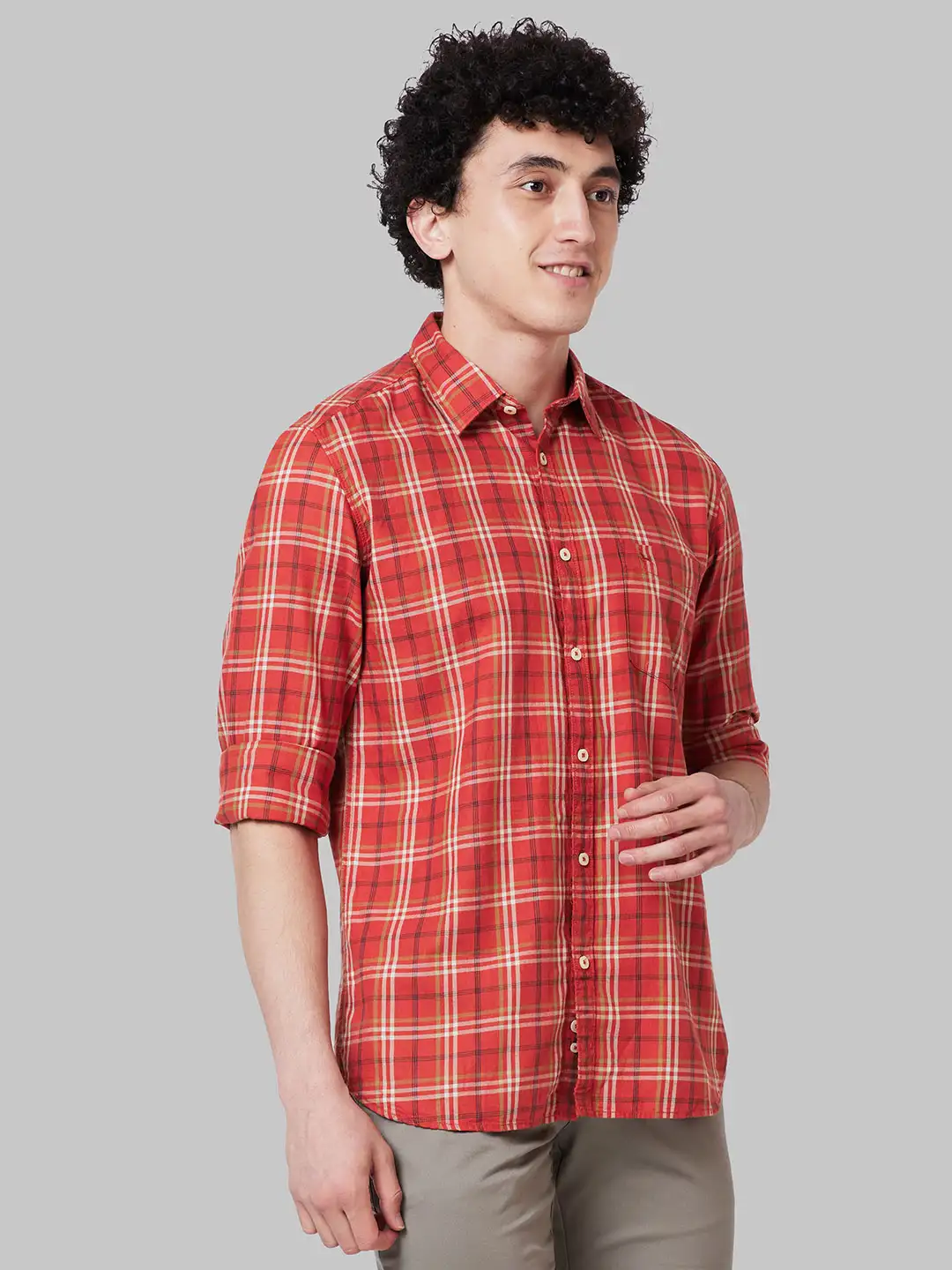 Men Orange Slim Fit Checks Cotton Full Sleeve Shirts - Image 2