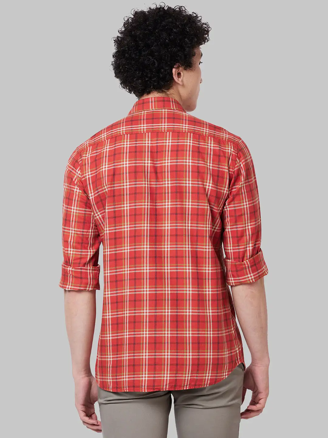 Men Orange Slim Fit Checks Cotton Full Sleeve Shirts - Image 4