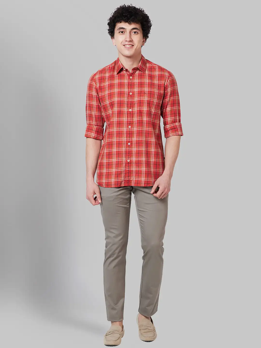 Men Orange Slim Fit Checks Cotton Full Sleeve Shirts - Image 5