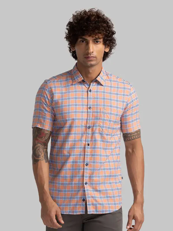 Men Orange Slim Fit Checks Cotton Half Sleeve Shirts