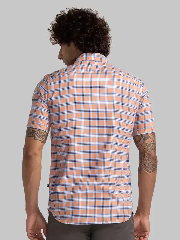 Men Orange Slim Fit Checks Cotton Half Sleeve Shirts - Image 4