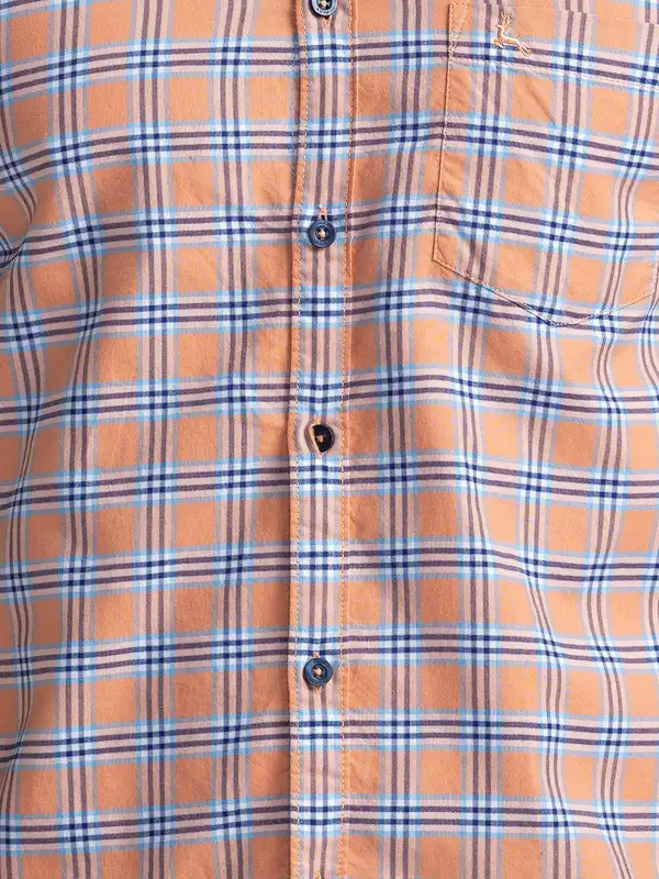 Men Orange Slim Fit Checks Cotton Half Sleeve Shirts - Image 7