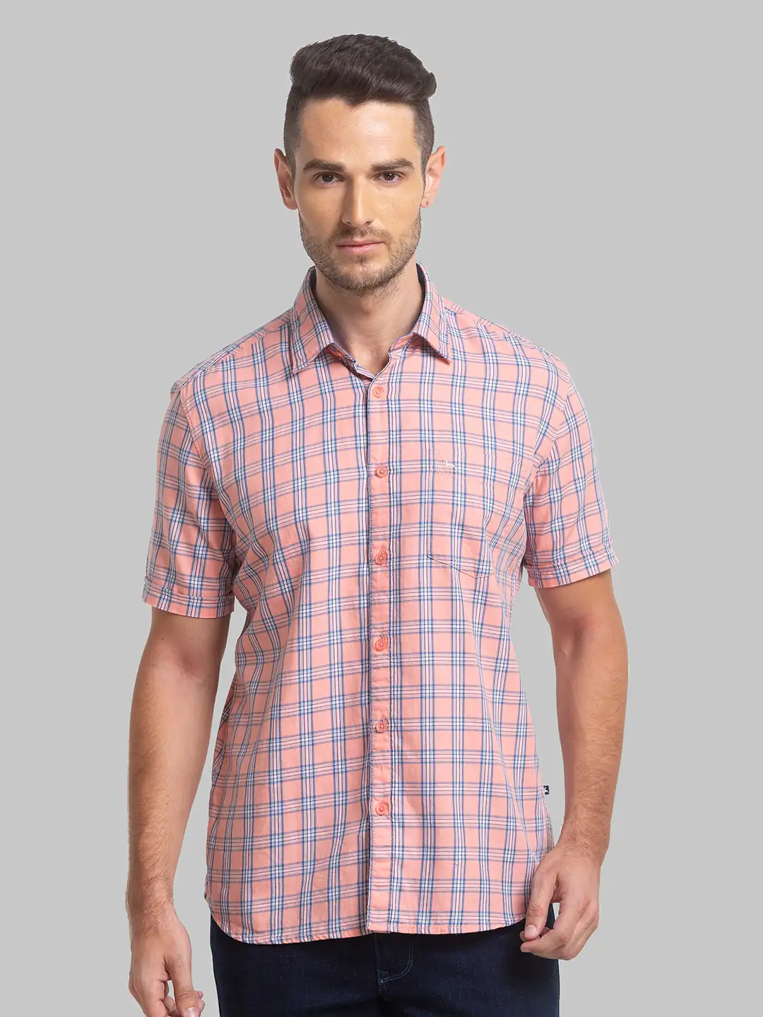 Men Orange Slim Fit Checks Cotton Half Sleeve Shirts