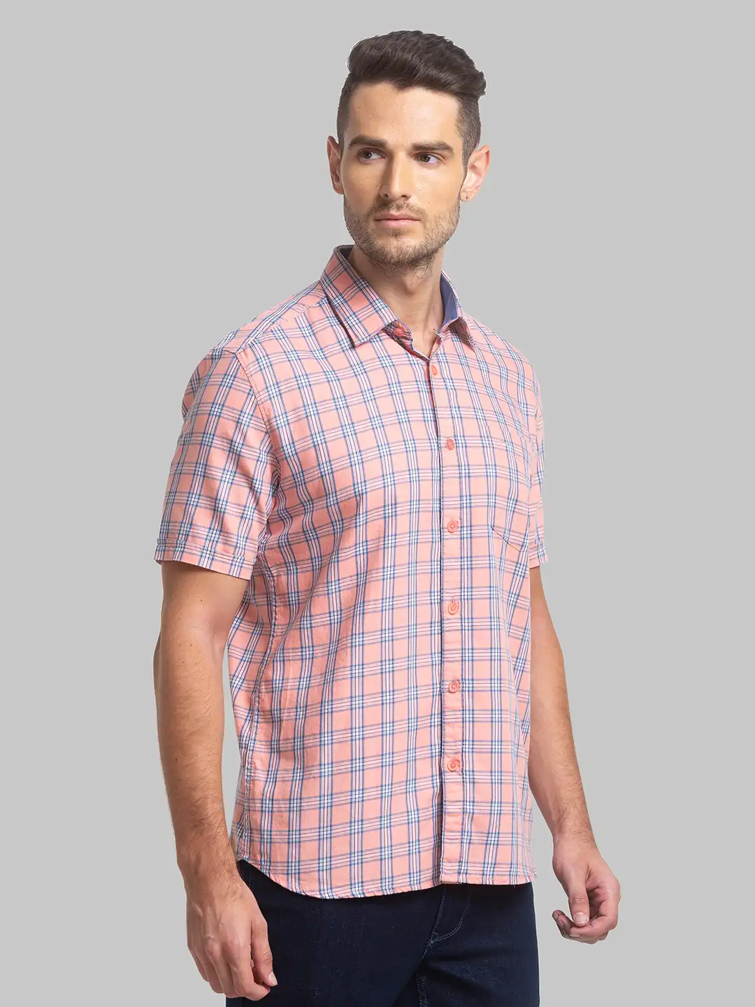 Men Orange Slim Fit Checks Cotton Half Sleeve Shirts - Image 2