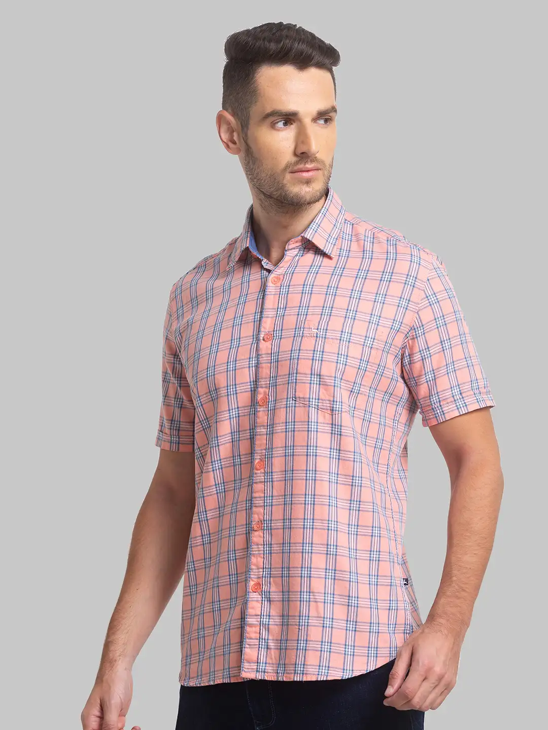 Men Orange Slim Fit Checks Cotton Half Sleeve Shirts - Image 3
