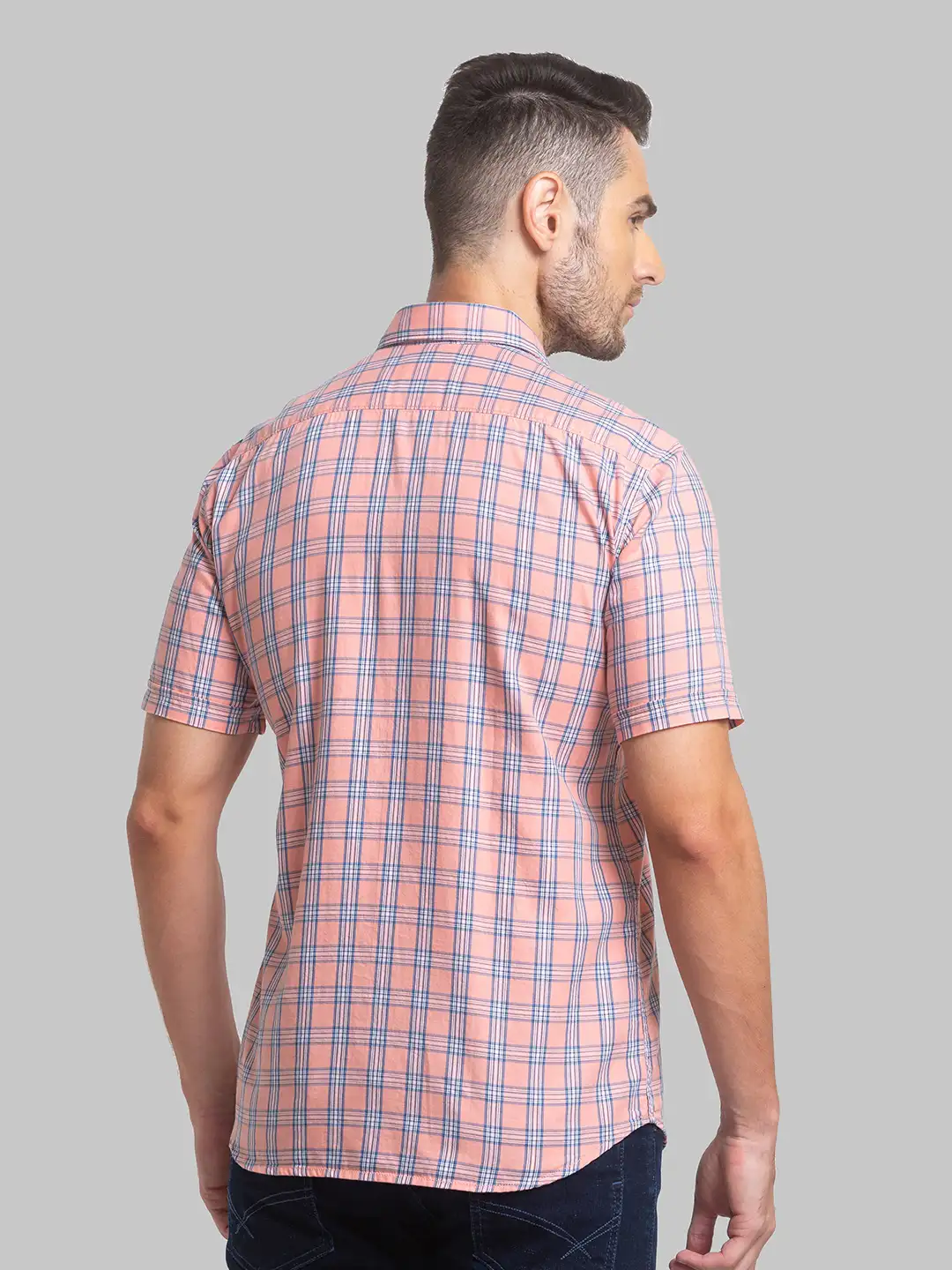 Men Orange Slim Fit Checks Cotton Half Sleeve Shirts - Image 4