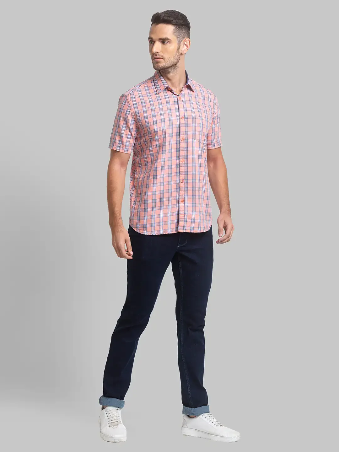 Men Orange Slim Fit Checks Cotton Half Sleeve Shirts - Image 5