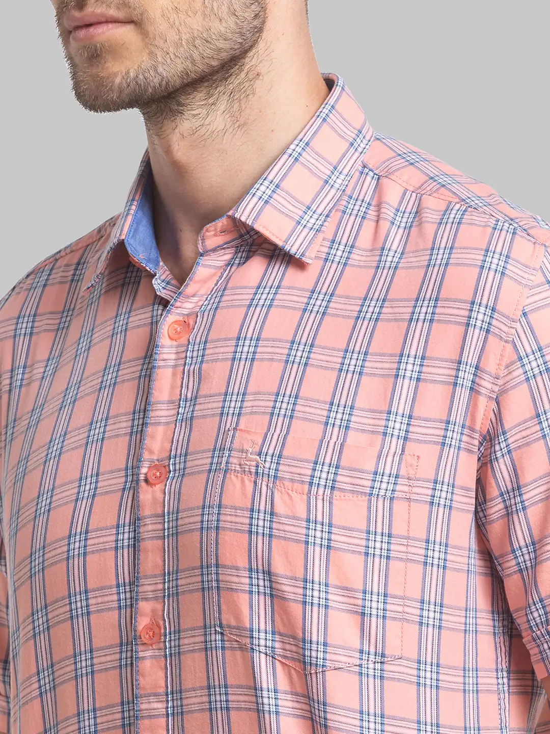 Men Orange Slim Fit Checks Cotton Half Sleeve Shirts - Image 6