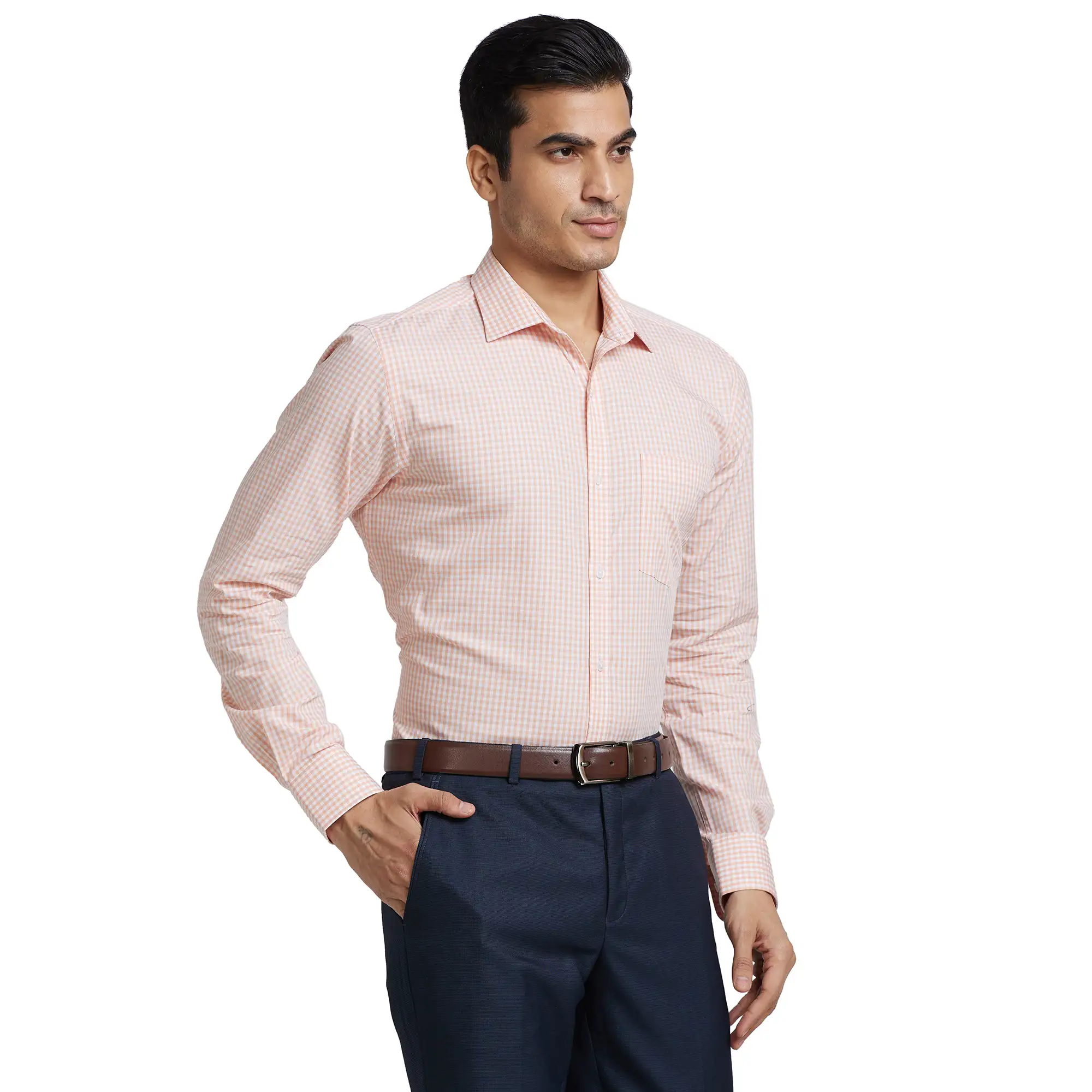 Men Orange Slim Fit Checks Cotton Shirts - Image 2
