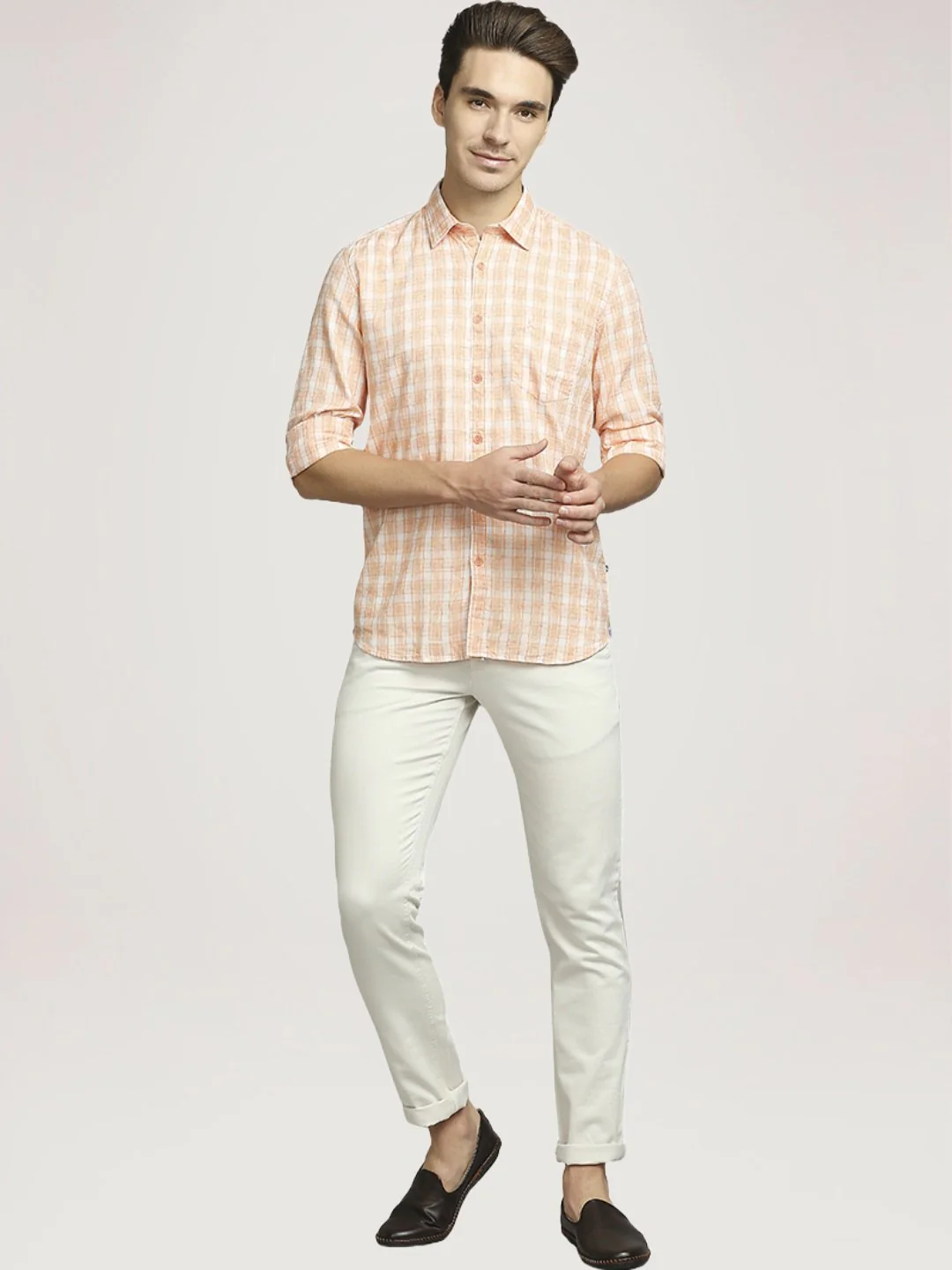 Men Orange Slim Fit Checks Lyocell Blend Full Sleeve Shirts - Image 2