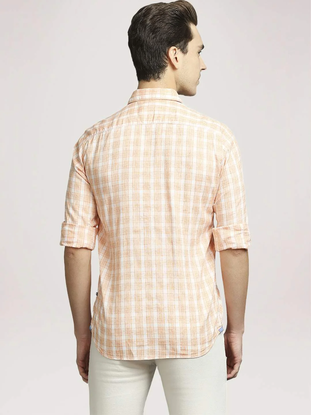 Men Orange Slim Fit Checks Lyocell Blend Full Sleeve Shirts - Image 3