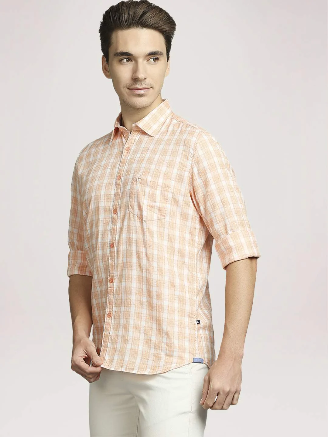Men Orange Slim Fit Checks Lyocell Blend Full Sleeve Shirts - Image 4