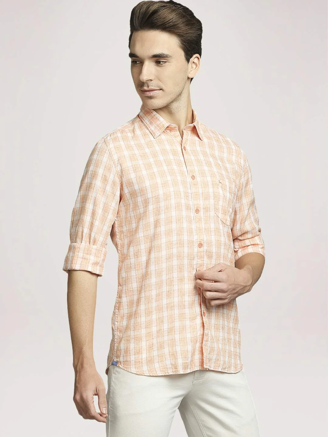 Men Orange Slim Fit Checks Lyocell Blend Full Sleeve Shirts - Image 5