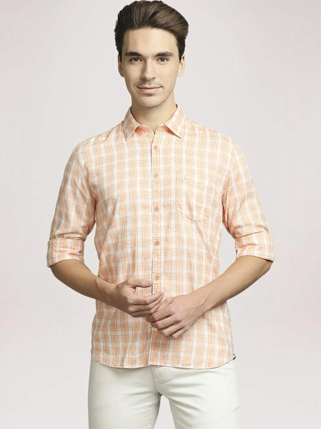 Men Orange Slim Fit Checks Lyocell Blend Full Sleeve Shirts - Image 6