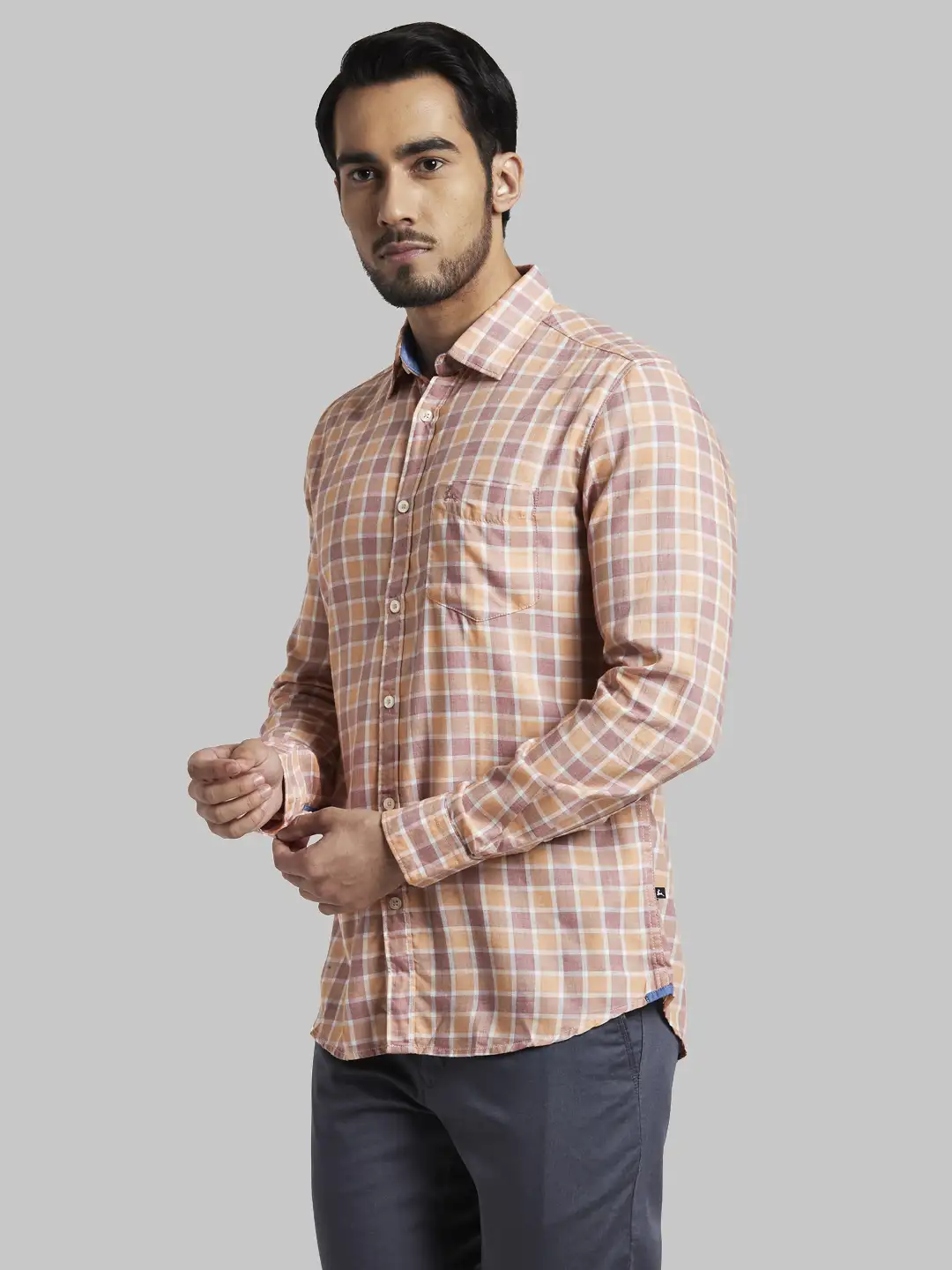 Men Orange Slim Fit Checks Polyester Blend Full Sleeve Shirts - Image 3