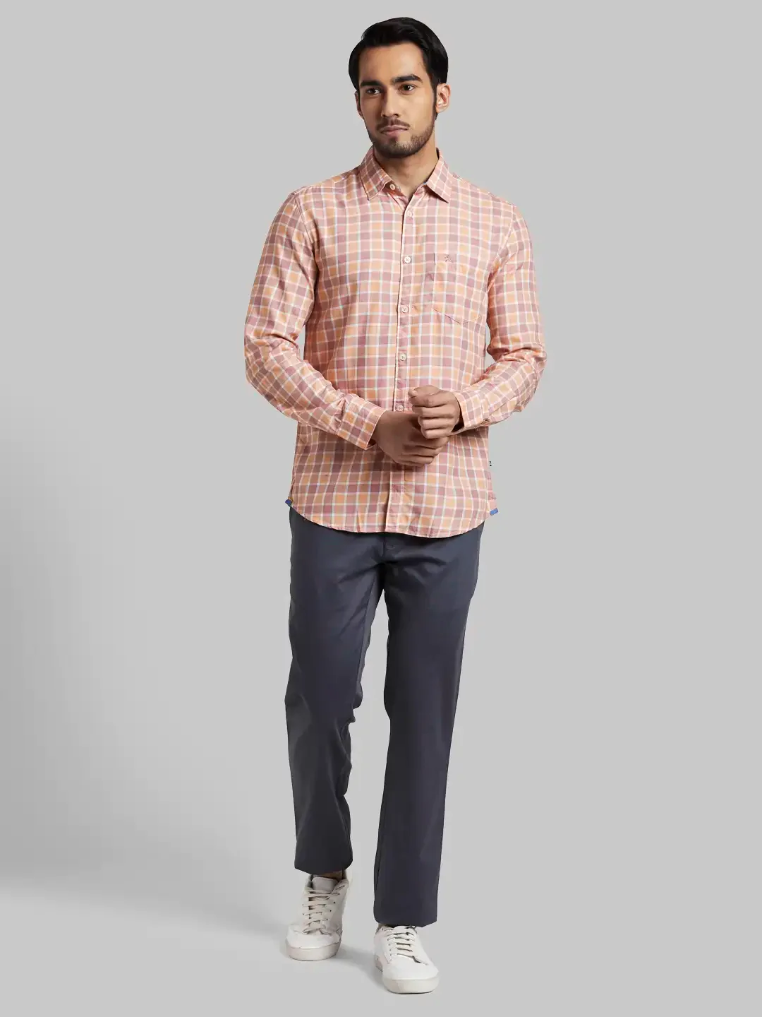 Men Orange Slim Fit Checks Polyester Blend Full Sleeve Shirts - Image 5