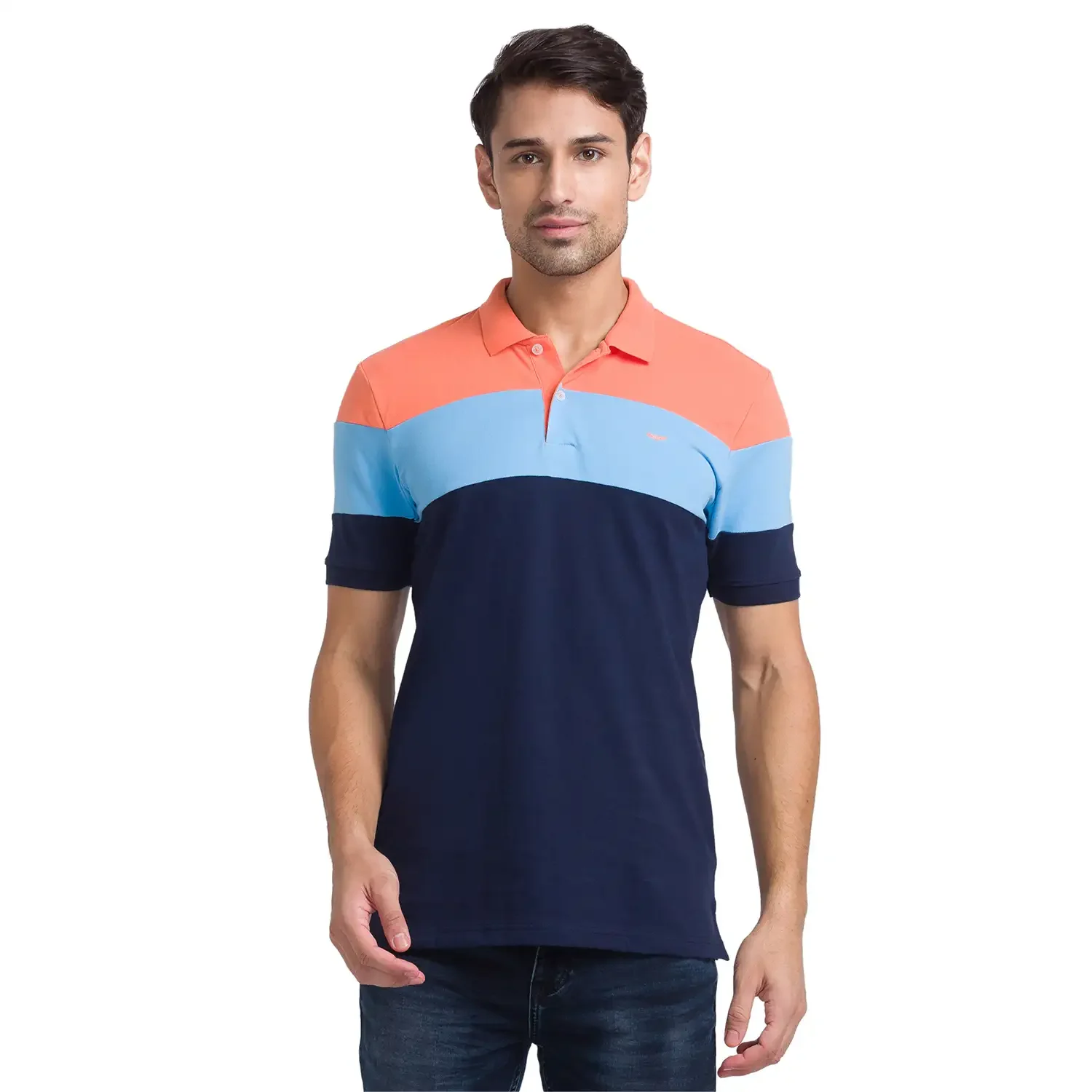 Men Orange Slim Fit Colorblock Cotton Polyester Blend Round Neck Collar Polo T-Shirt