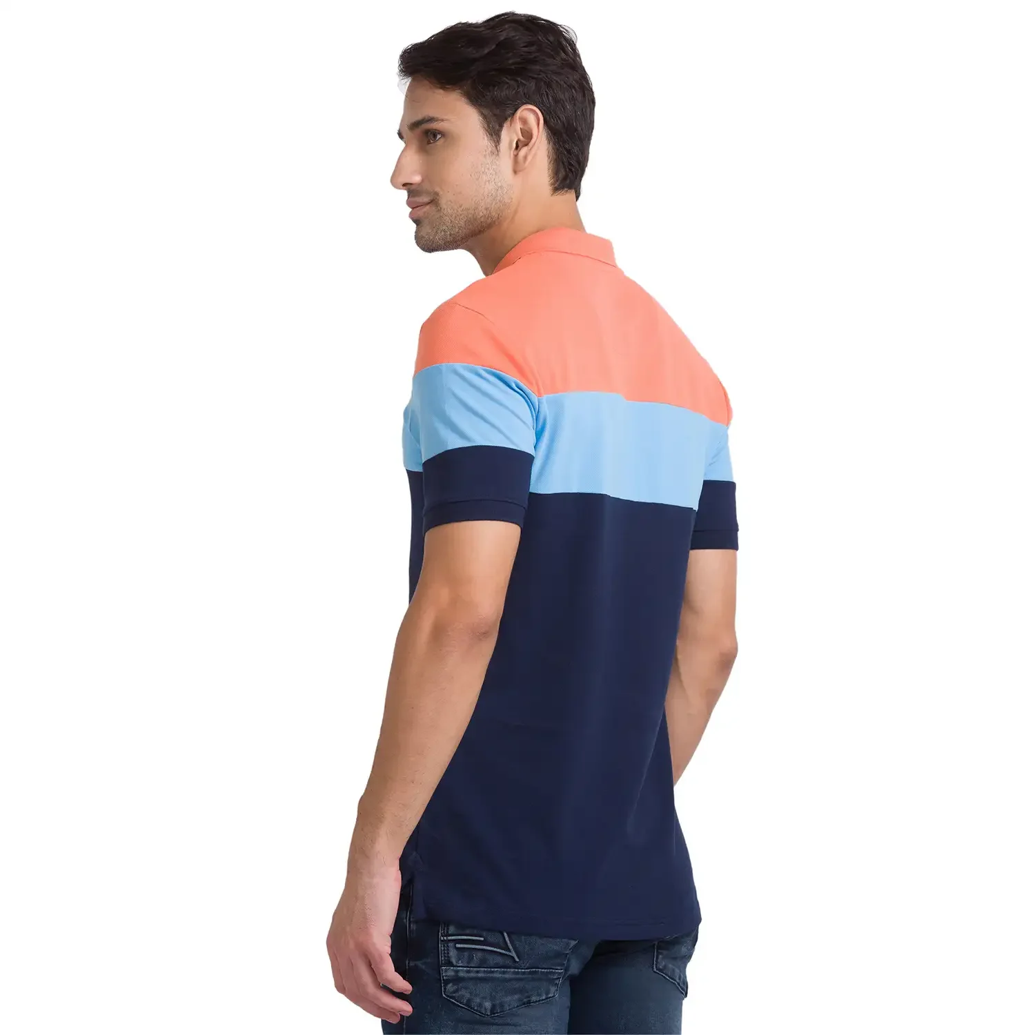 Men Orange Slim Fit Colorblock Cotton Polyester Blend Round Neck Collar Polo T-Shirt - Image 4