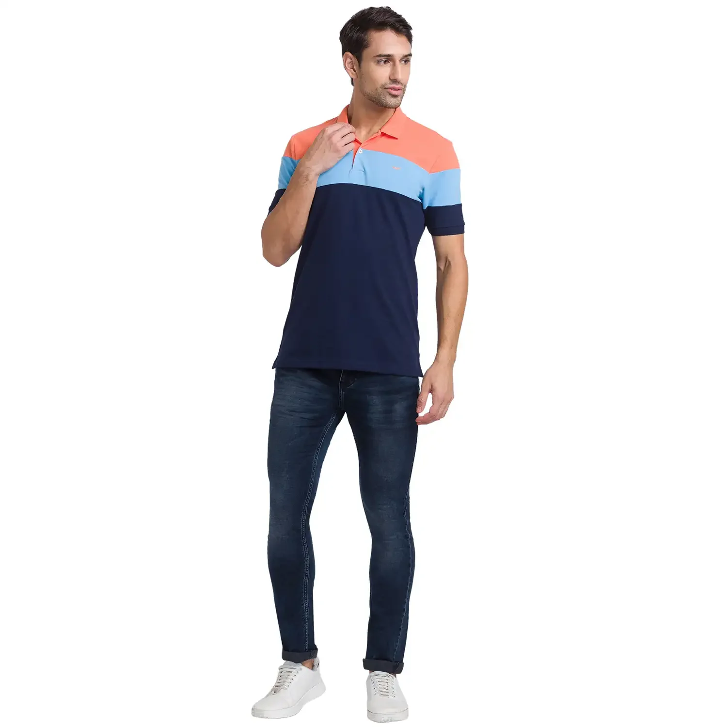 Men Orange Slim Fit Colorblock Cotton Polyester Blend Round Neck Collar Polo T-Shirt - Image 5