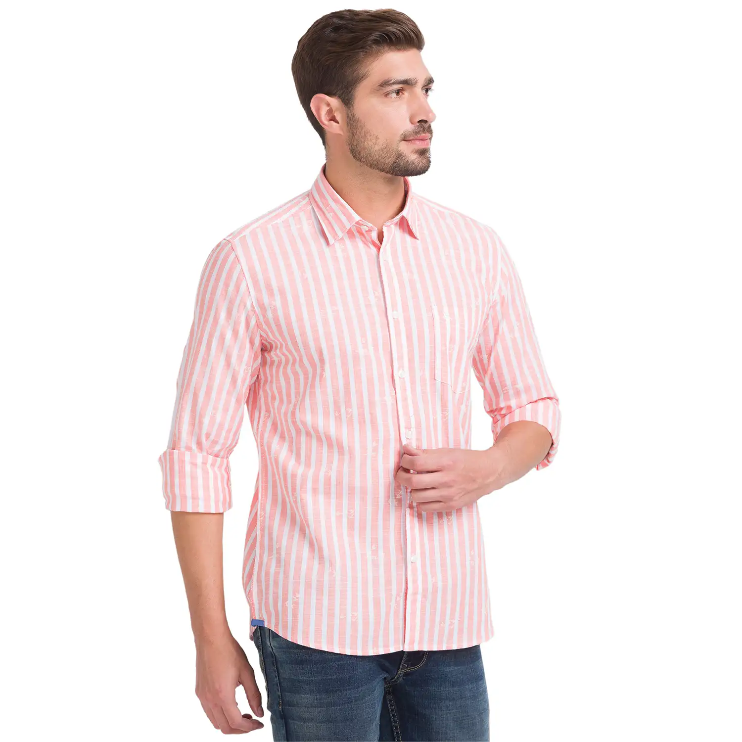 Men Orange Slim Fit Print Cotton Full Sleeve Shirts - Image 2