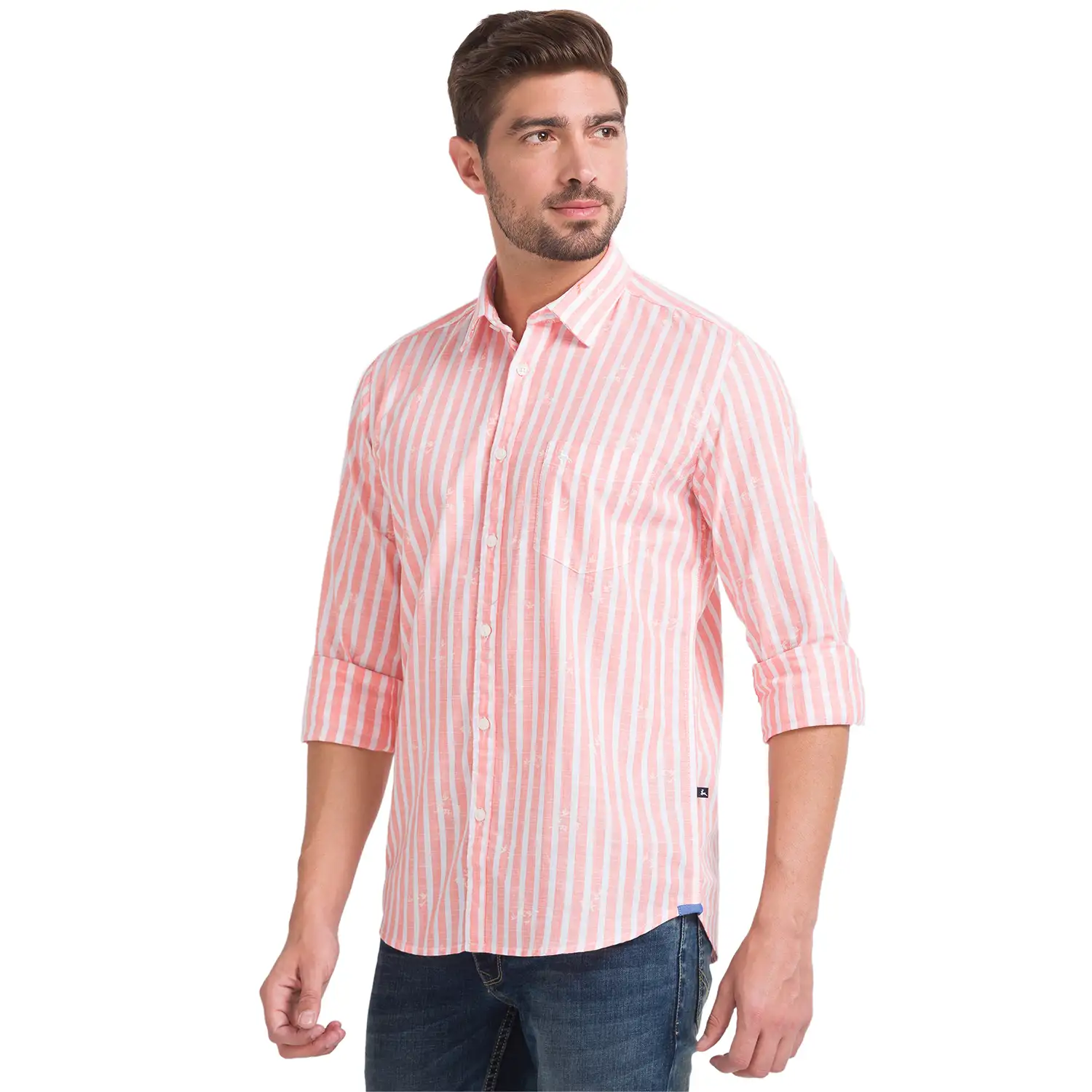 Men Orange Slim Fit Print Cotton Full Sleeve Shirts - Image 3