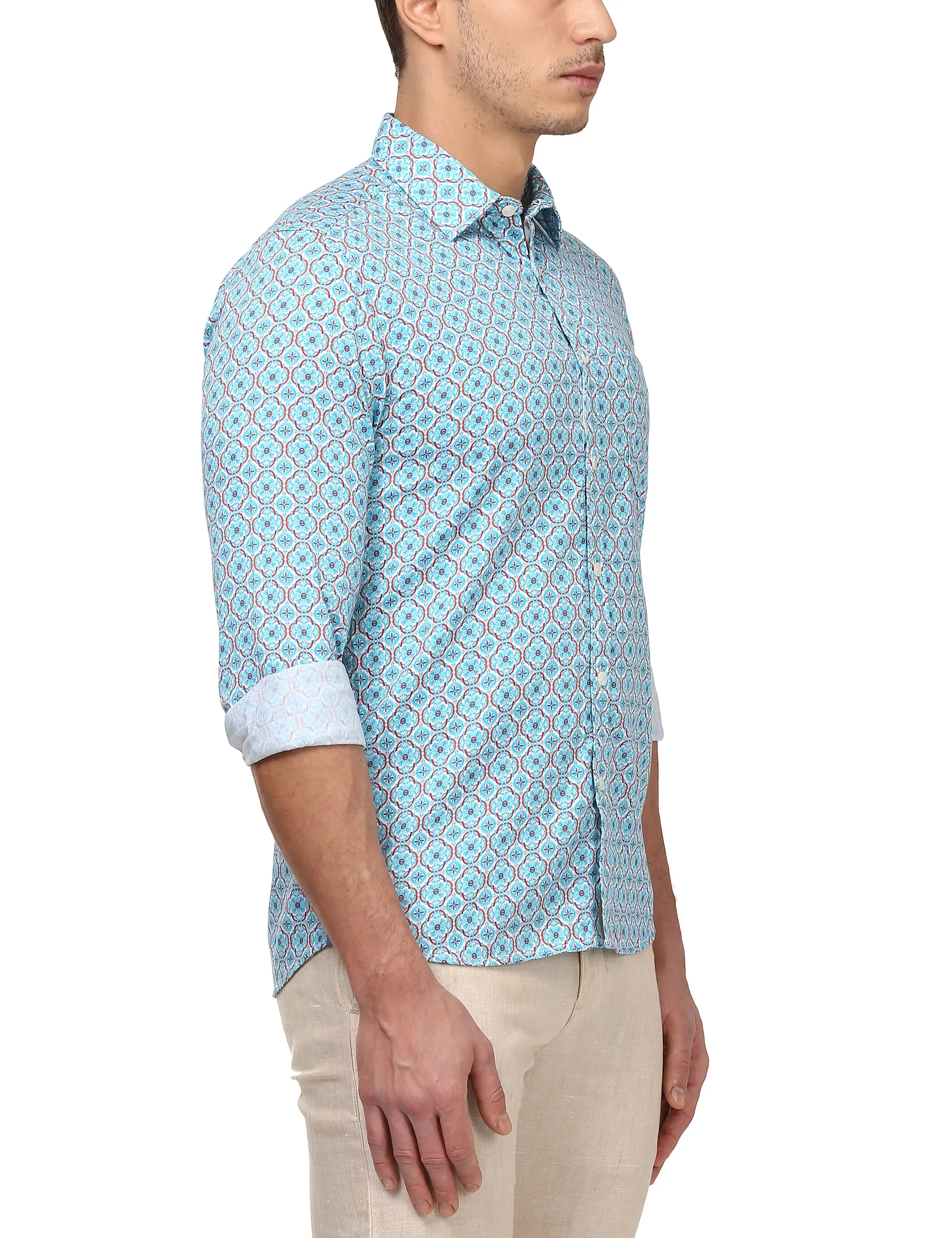 Men Orange Slim Fit Print Cotton Full Sleeve Shirts - Image 2