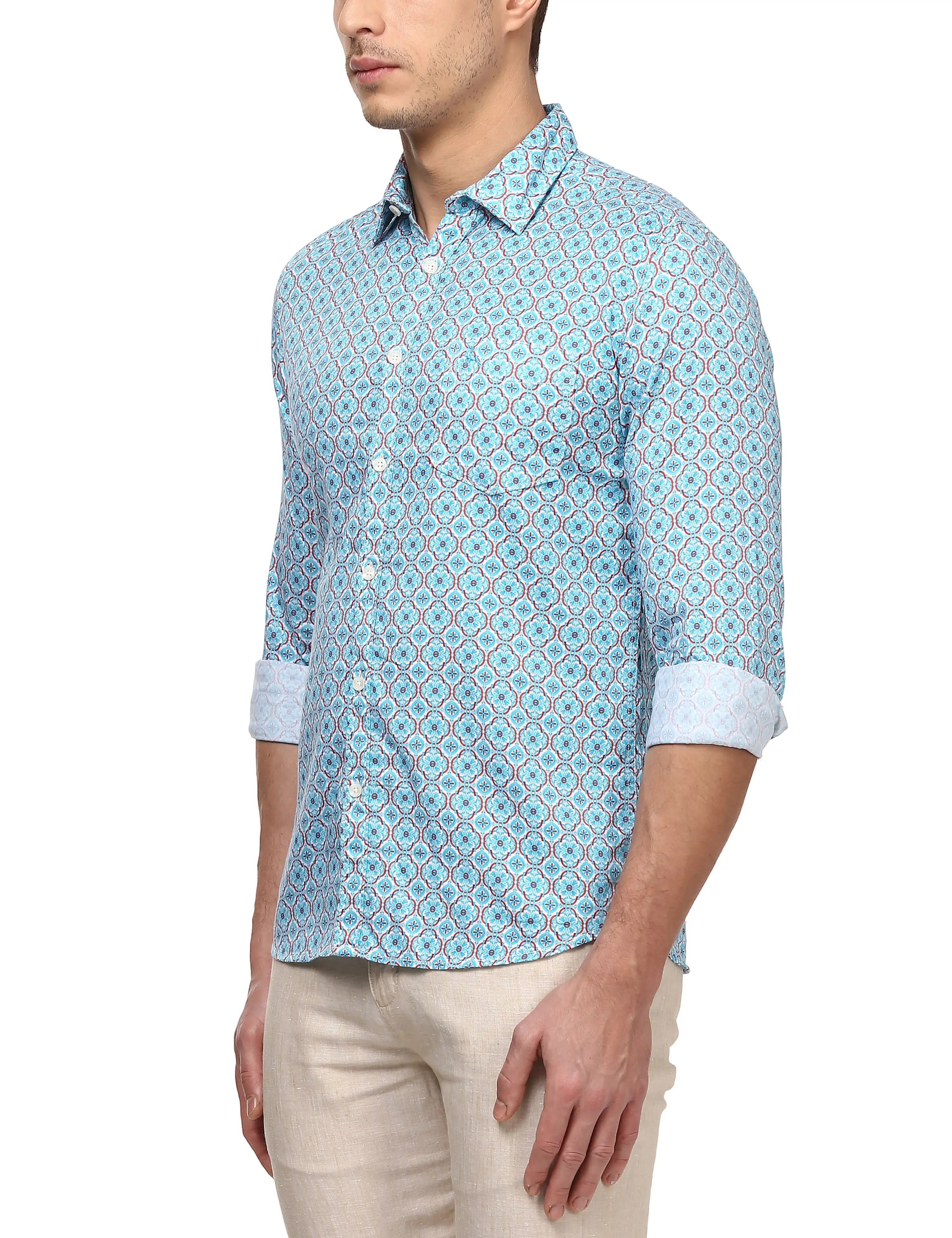 Men Orange Slim Fit Print Cotton Full Sleeve Shirts - Image 3
