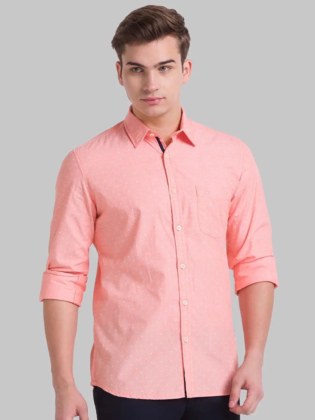 Men Orange Slim Fit Print Cotton Full Sleeve Shirts - Image 2