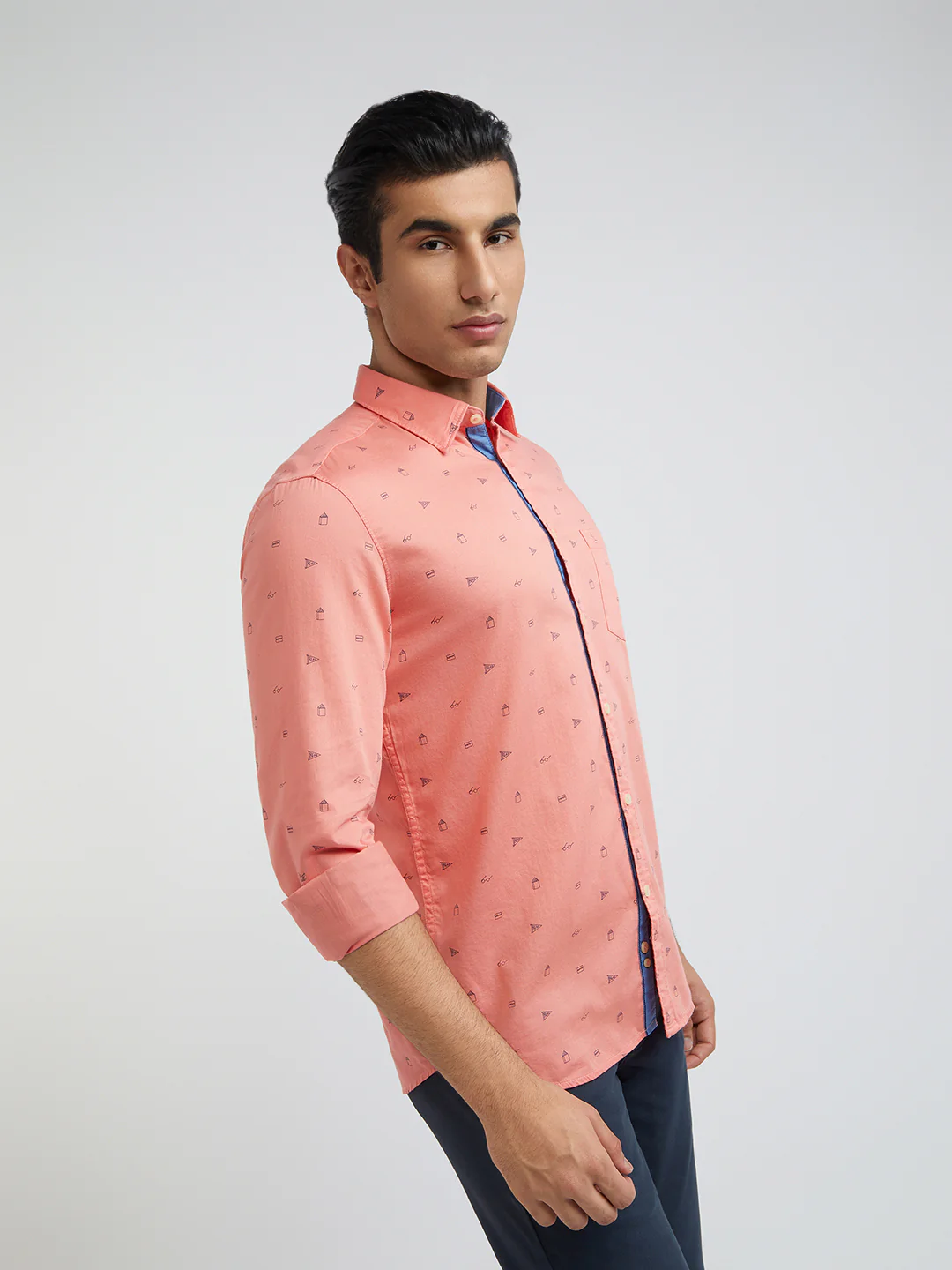 Men Orange Slim Fit Print Cotton Full Sleeve Shirts - Image 2