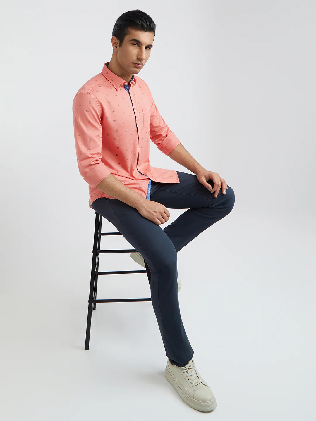 Men Orange Slim Fit Print Cotton Full Sleeve Shirts - Image 5