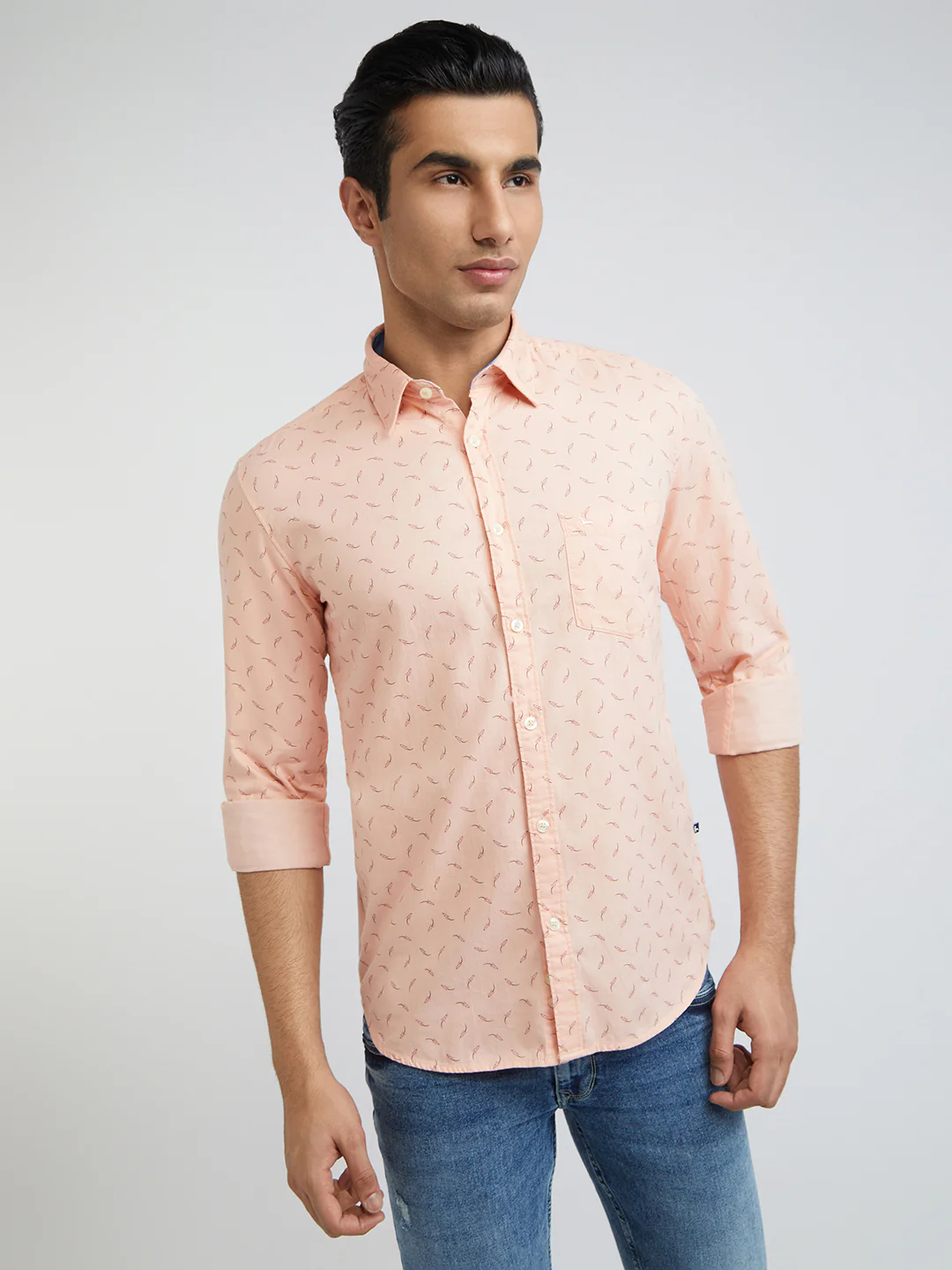 Men Orange Slim Fit Print Cotton Full Sleeve Shirts