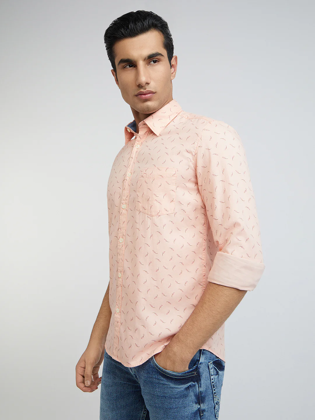Men Orange Slim Fit Print Cotton Full Sleeve Shirts - Image 3