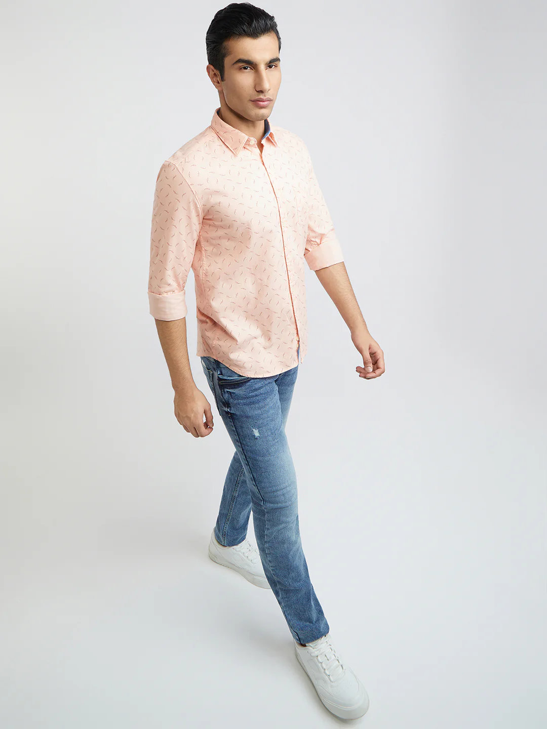 Men Orange Slim Fit Print Cotton Full Sleeve Shirts - Image 5