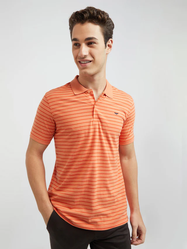 Men Orange Slim Fit Print Cotton Polyester Blend Round Neck Collar Polo T-Shirt