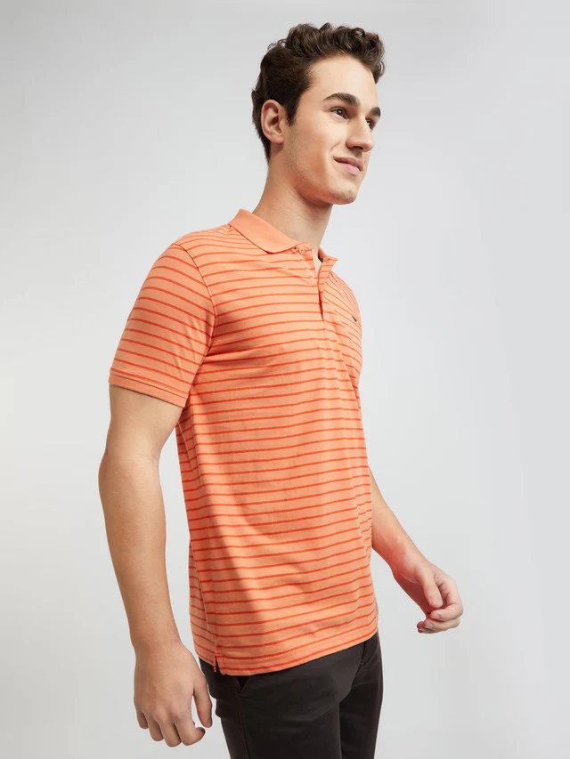 Men Orange Slim Fit Print Cotton Polyester Blend Round Neck Collar Polo T-Shirt - Image 2