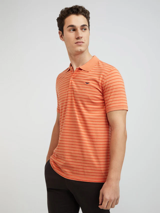 Men Orange Slim Fit Print Cotton Polyester Blend Round Neck Collar Polo T-Shirt - Image 3