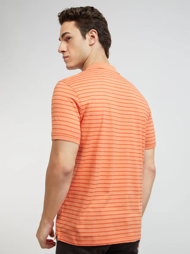 Men Orange Slim Fit Print Cotton Polyester Blend Round Neck Collar Polo T-Shirt - Image 4