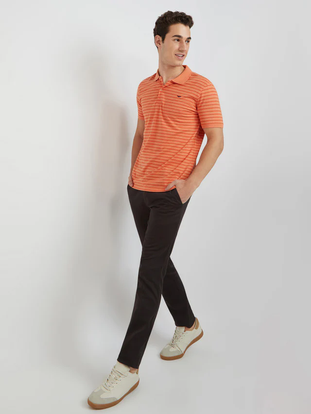 Men Orange Slim Fit Print Cotton Polyester Blend Round Neck Collar Polo T-Shirt - Image 5