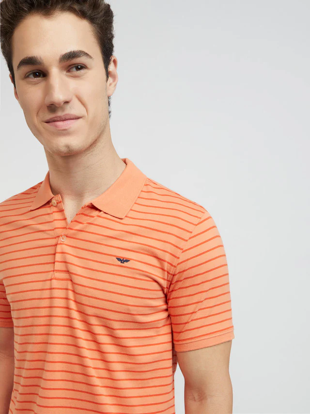 Men Orange Slim Fit Print Cotton Polyester Blend Round Neck Collar Polo T-Shirt - Image 6